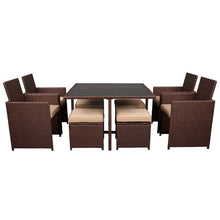 Load image into Gallery viewer, 9 Piece Wood Grain PE Wicker Rattan Tempered Glass Dining Table with Chairs
