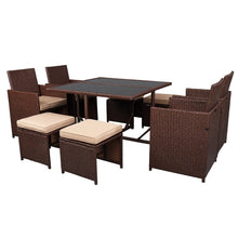 Load image into Gallery viewer, 9 Piece Wood Grain PE Wicker Rattan Tempered Glass Dining Table with Chairs
