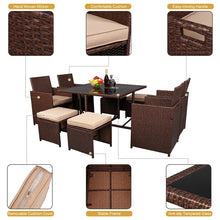 Load image into Gallery viewer, 9 Piece Wood Grain PE Wicker Rattan Tempered Glass Dining Table with Chairs
