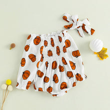 Load image into Gallery viewer, Pumpkin Print Off Shoulder Long Sleeve Romper + Bow Headband
