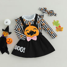 Load image into Gallery viewer, Pumpkin Print Long Sleeves Romper and Suspender Skirt+ Headband
