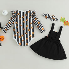 Load image into Gallery viewer, Pumpkin Print Long Sleeves Romper and Suspender Skirt+ Headband
