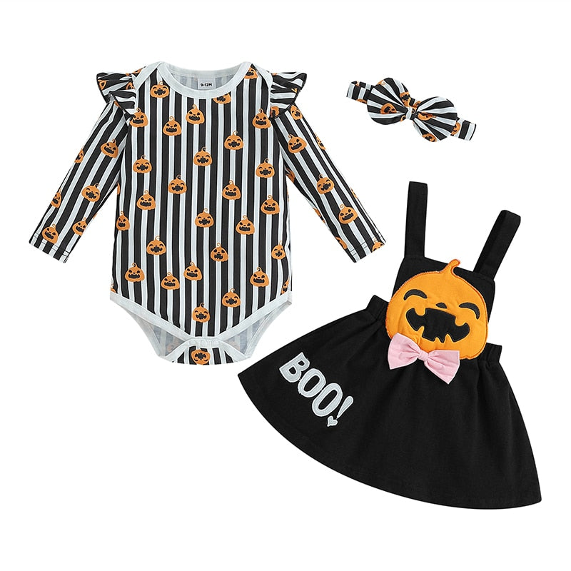 Pumpkin Print Long Sleeves Romper and Suspender Skirt+ Headband