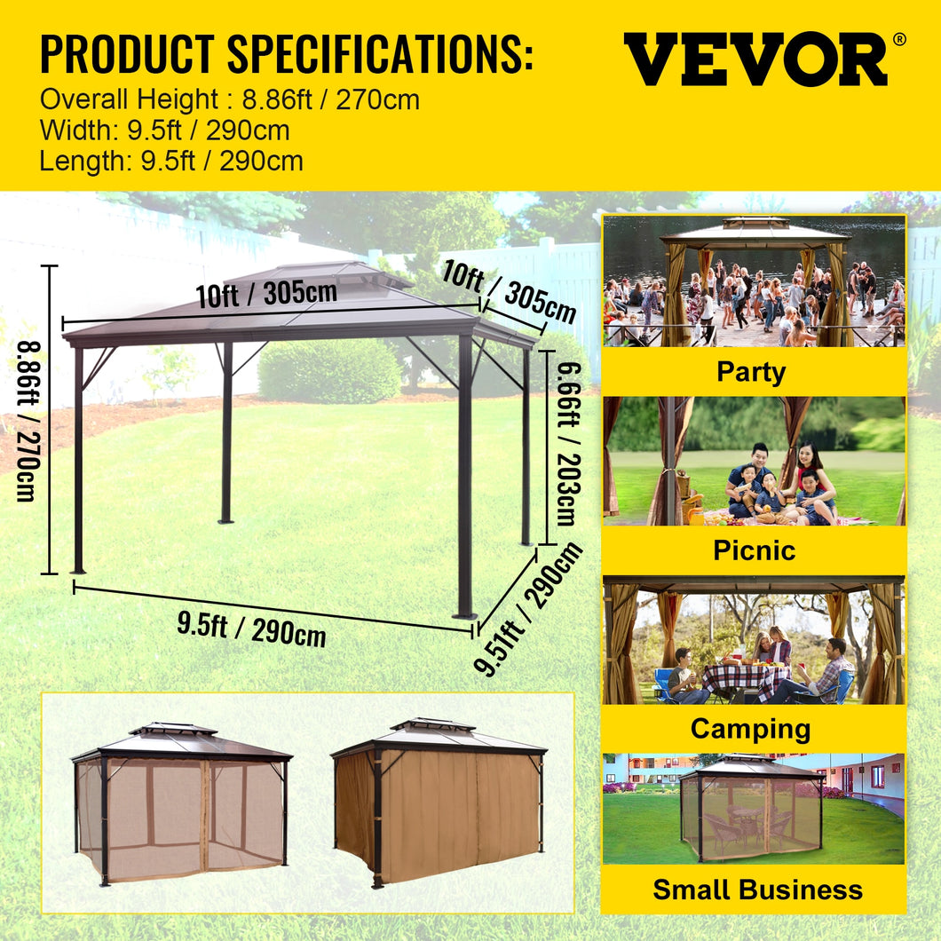 Outdoor Gazebo Hardtop Canopy 10x10/10x12Ft with Net/Shade Awning