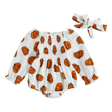 Load image into Gallery viewer, Pumpkin Print Off Shoulder Long Sleeve Romper + Bow Headband
