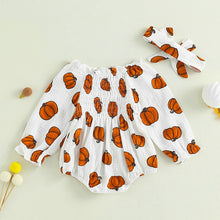 Load image into Gallery viewer, Pumpkin Print Off Shoulder Long Sleeve Romper + Bow Headband
