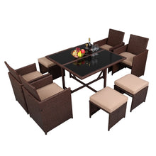 Load image into Gallery viewer, 9 Piece Wood Grain PE Wicker Rattan Tempered Glass Dining Table with Chairs
