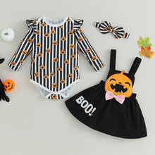 Load image into Gallery viewer, Pumpkin Print Long Sleeves Romper and Suspender Skirt+ Headband
