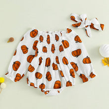 Load image into Gallery viewer, Pumpkin Print Off Shoulder Long Sleeve Romper + Bow Headband
